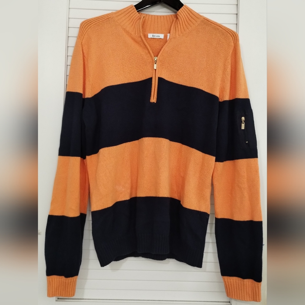 Vtg Men's Liz & Co Orange & Blue Color Block, 3/4 Zip, Sleeve Zip Pocket Sweater